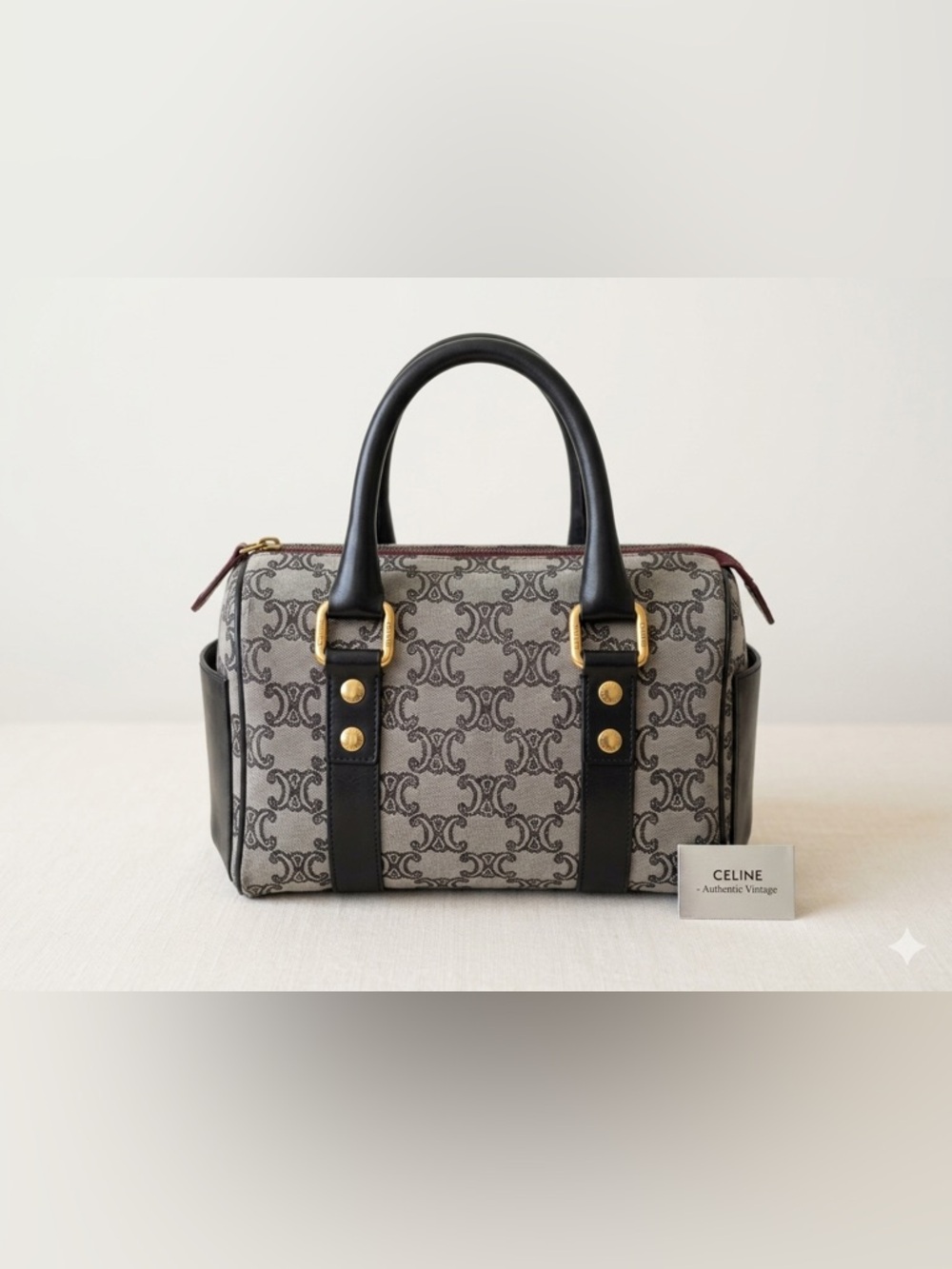 Vintage Celine Boston Triomphe Monogram Coated Canvas With Black Leather Trim